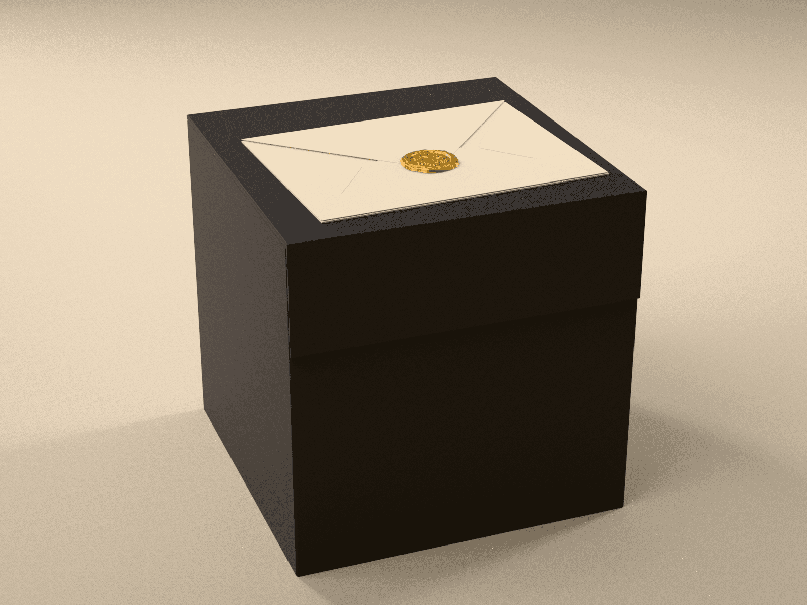 The closed black gift box with the card's envelope, closed with a gold wax-seal sticker, lying on its lid