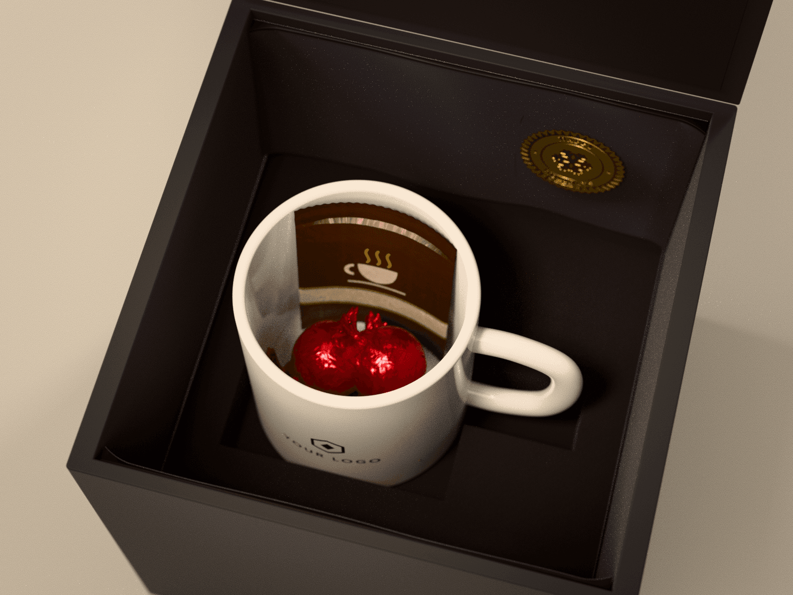 The open gift box from above: the logo mug in its foam collar with the treats inside it, and the black tissue folded back inside the box, its gold seal on the back flap