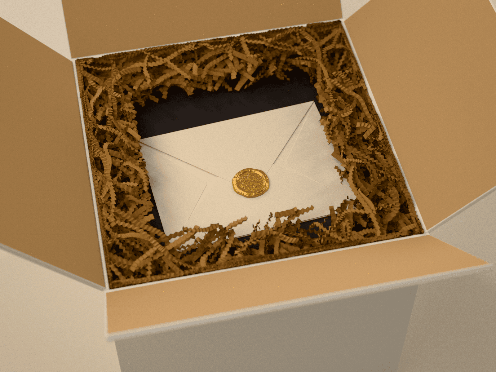 The plain white shipping carton, open, with the black gift box nested in crinkle paper and the sealed card on its lid