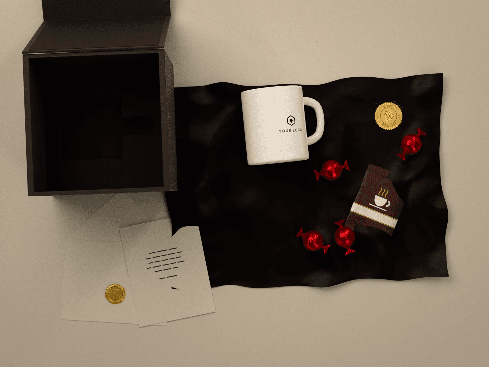 Everything in the gift box laid out flat: the open black box with its foam, the logo mug, the hot cocoa, four truffles, black tissue with its gold seal, and the card beside its opened envelope with its wax seal