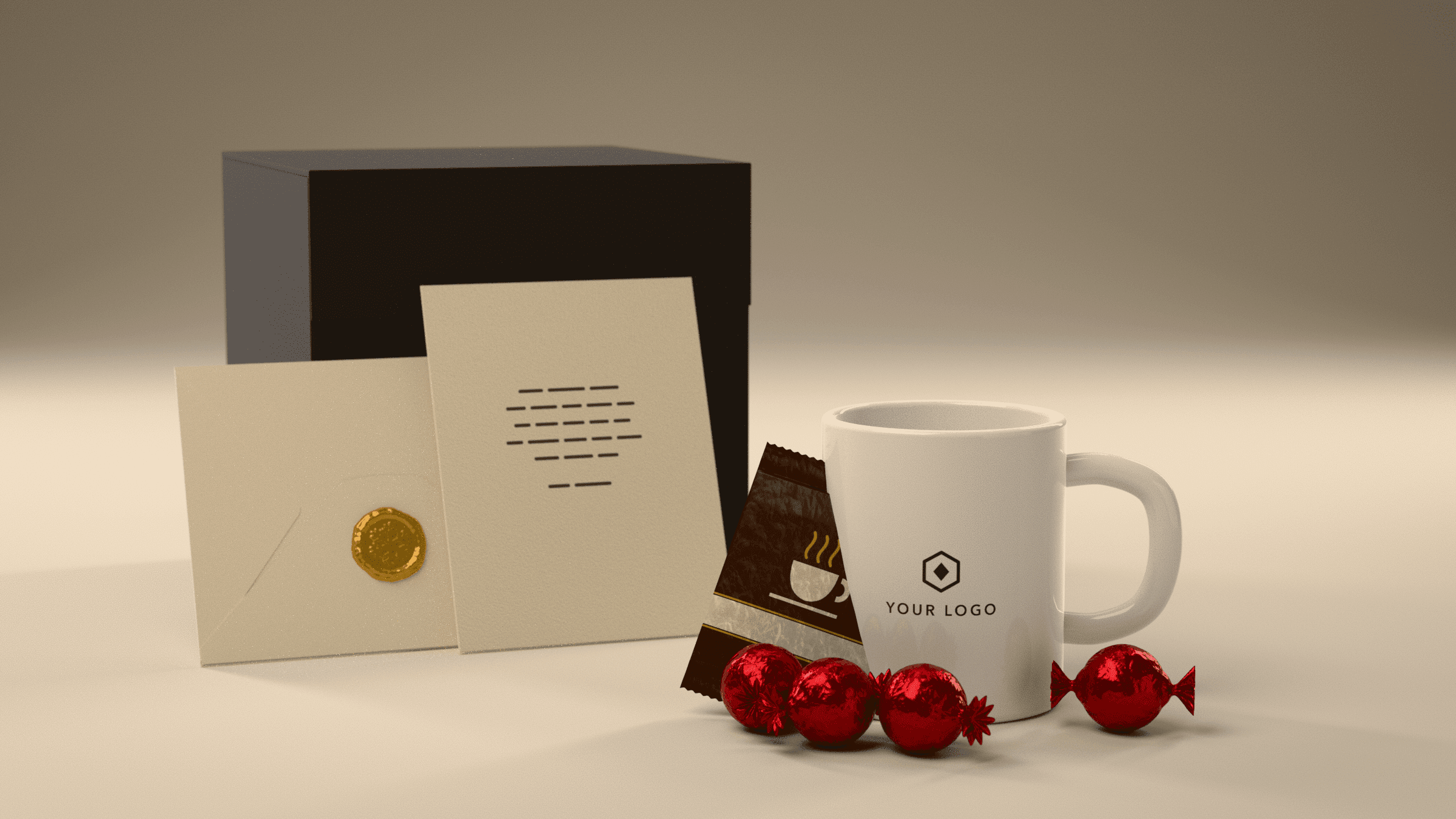 The custom logo mug gift box: the closed black gift box behind; the opened envelope with its gold wax-seal sticker and the printed card leaning on it; the white logo mug in front with hot cocoa and four red LINDOR truffles