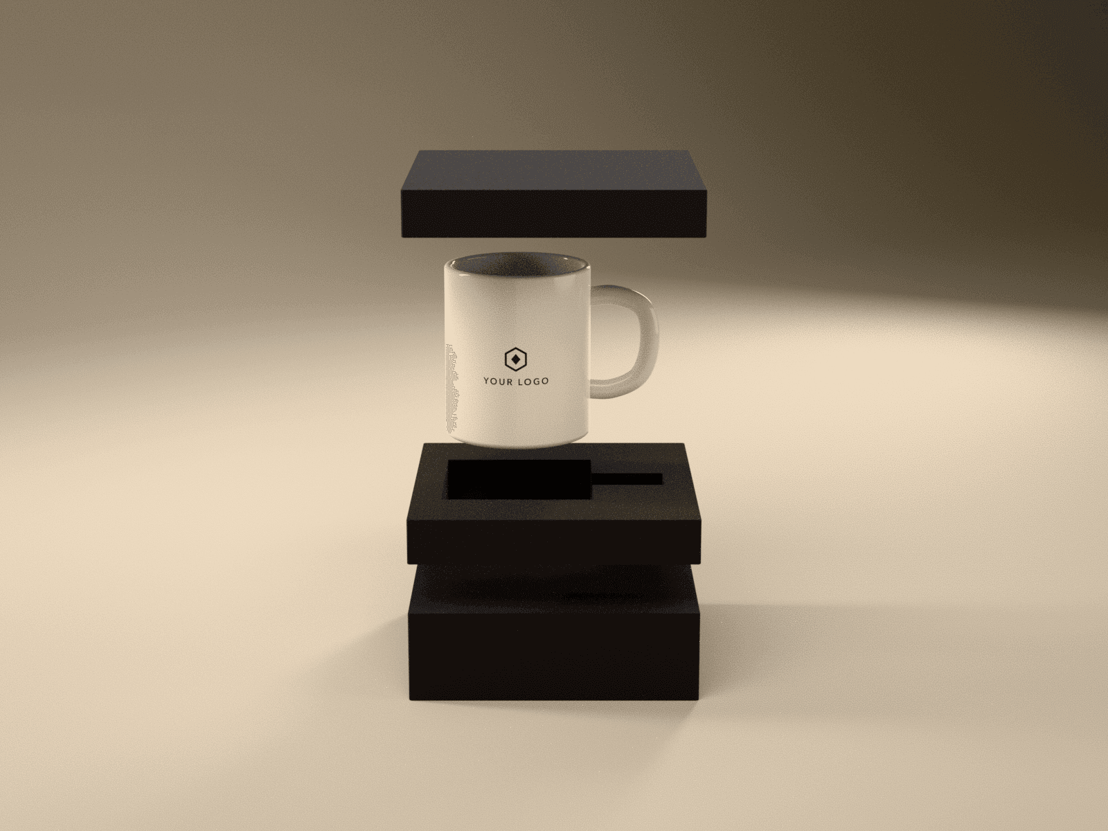 How the mug is packed, pulled apart: the 2 in foam floor pad, the 1 in foam collar with its handle slot, the logo mug, and the 1 in pad that sits on its rim