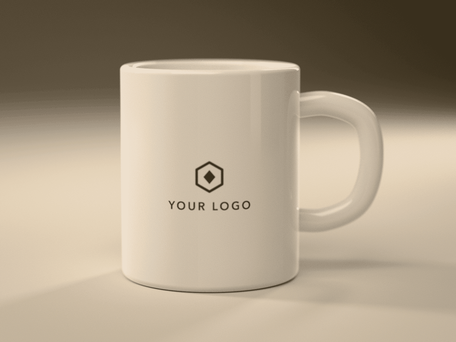 A white 11 oz ceramic mug with a small sample logo printed on its side