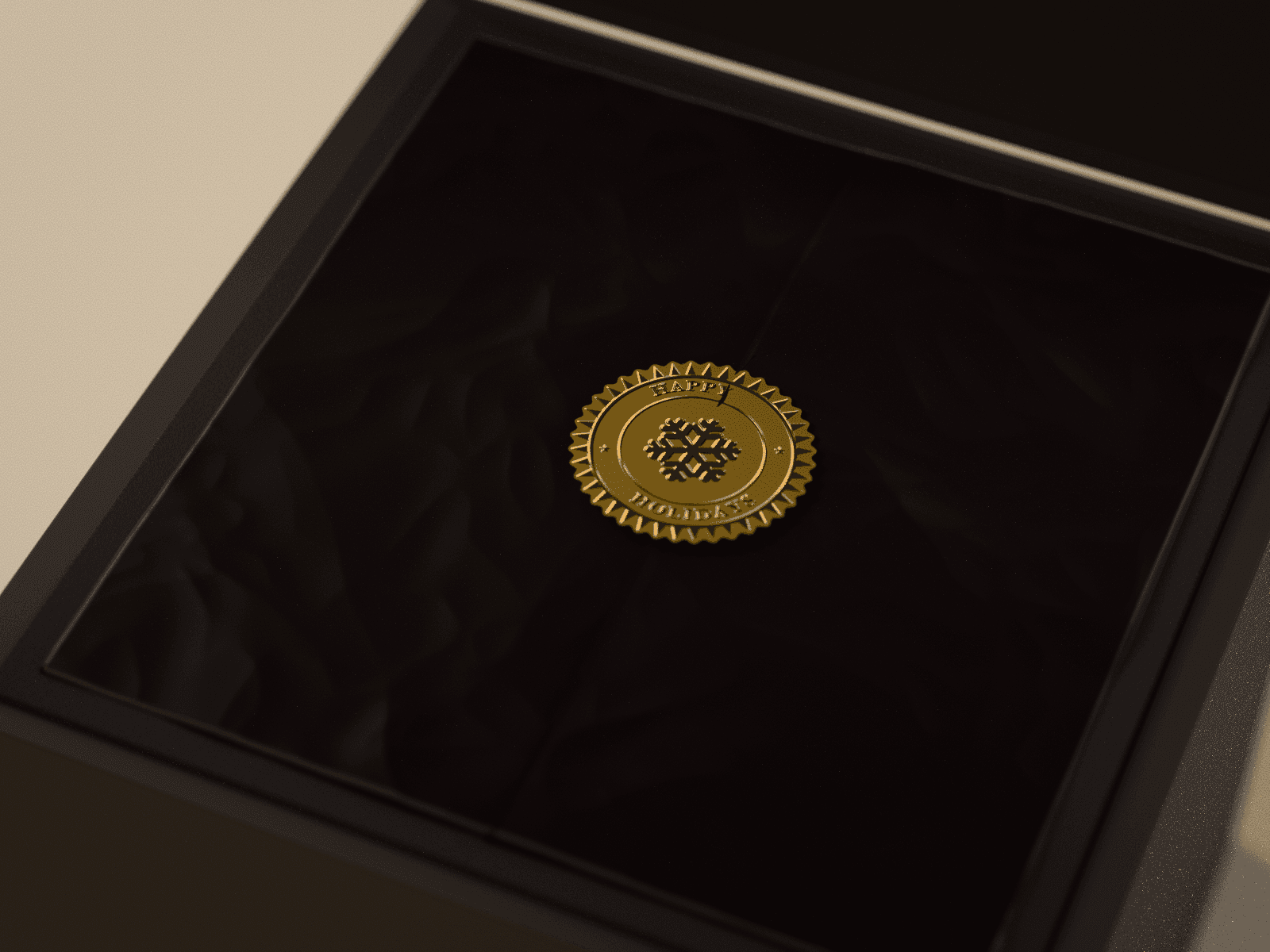 Black tissue paper closed with a gold seal sticker that reads Happy Holidays