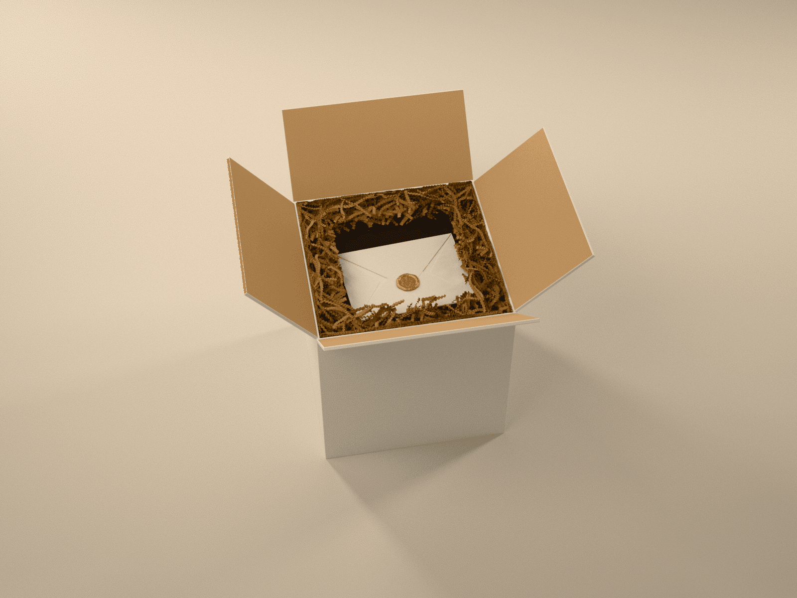 An opened white shipping carton with the black gift box in crinkle paper and a sealed envelope on its lid