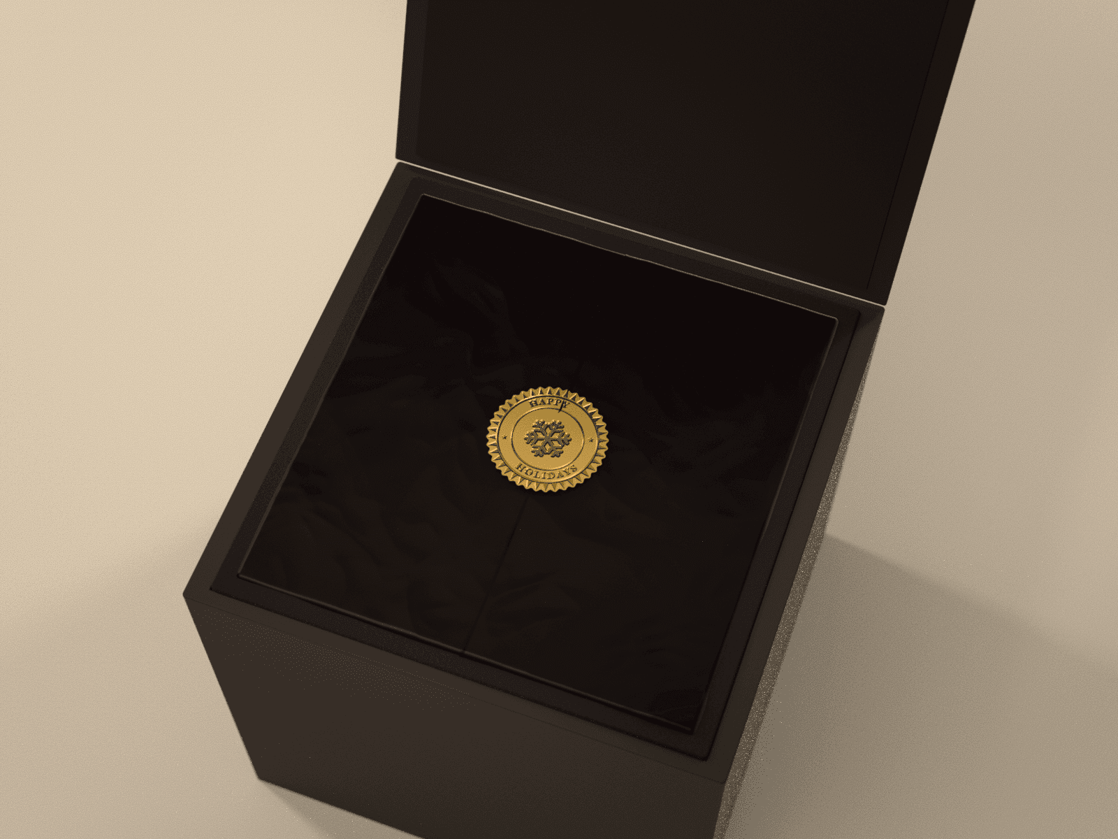 The gift box with its lid open, showing black tissue closed with a gold Happy Holidays seal