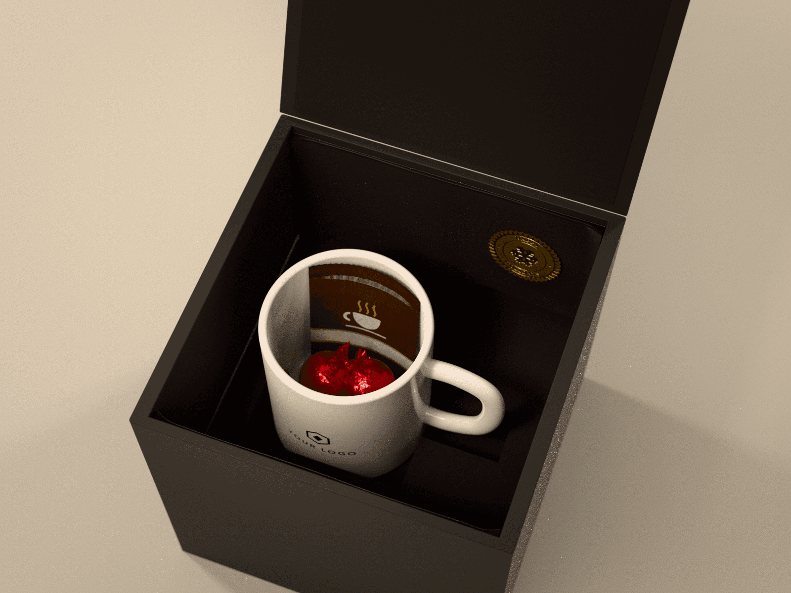 The tissue opened and the 1 in foam pad from the mug's rim lifted out: the logo mug in its foam collar, with hot cocoa and truffles inside it